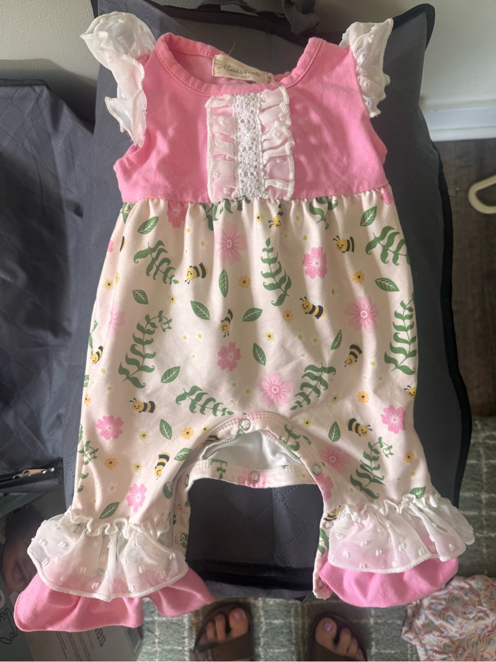 Marie Nicole Pink Floral & Bee Ruffle Baby Romper